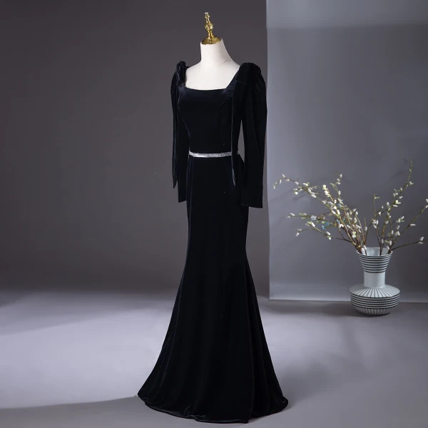 Chic / Beautiful Black Velvet Evening Dresses  2024 Trumpet / Mermaid Square Neckline Long Sleeve Backless Floor-Length / Long Evening Party Formal Dresses