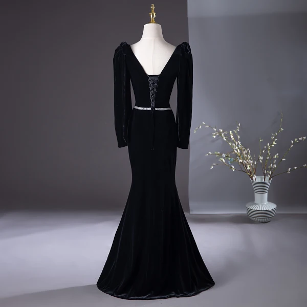 Chic / Beautiful Black Velvet Evening Dresses  2024 Trumpet / Mermaid Square Neckline Long Sleeve Backless Floor-Length / Long Evening Party Formal Dresses