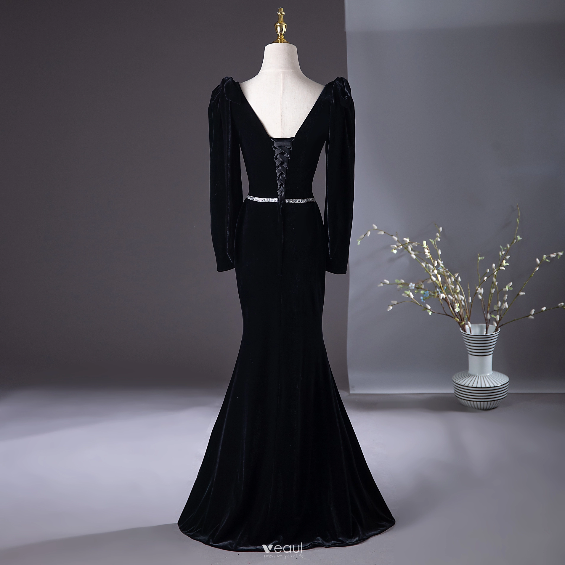 Chic / Beautiful Black Velvet Evening Dresses 2024 Trumpet / Mermaid Square Neckline Long Sleeve Backless Floor-Length / Long Evening Party Formal Dresses Chic / Beautiful Black Velvet Evening Dresses 2024 Trumpet / Mermaid Square Neckline Long Sleeve Backless Floor-Length / Long Evening Party Formal Dresses