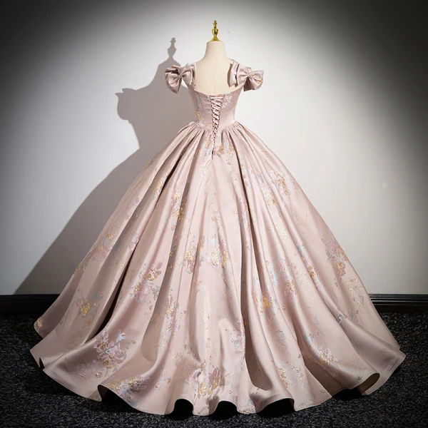 Elegant Blushing Pink Beading Rhinestone Pearl Printing Prom Dresses 2024 Ball Gown Square Neckline Sleeveless Bow Backless Floor-Length / Long Prom Formal Dresses