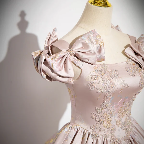 Elegant Blushing Pink Beading Rhinestone Pearl Printing Prom Dresses 2024 Ball Gown Square Neckline Sleeveless Bow Backless Floor-Length / Long Prom Formal Dresses