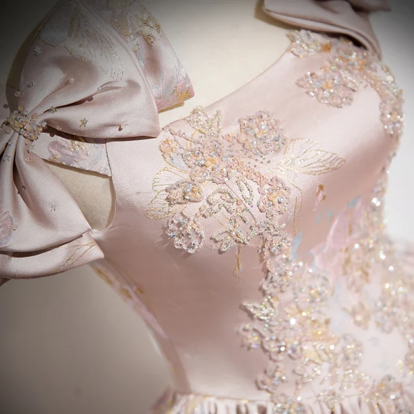 Elegant Blushing Pink Beading Rhinestone Pearl Printing Prom Dresses 2024 Ball Gown Square Neckline Sleeveless Bow Backless Floor-Length / Long Prom Formal Dresses