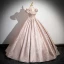 Elegant Blushing Pink Beading Rhinestone Pearl Printing Prom Dresses 2024 Ball Gown Square Neckline Sleeveless Bow Backless Floor-Length / Long Prom Formal Dresses