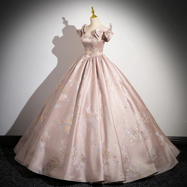 Elegant Blushing Pink Beading Rhinestone Pearl Printing Prom Dresses 2024 Ball Gown Square Neckline Sleeveless Bow Backless Floor-Length / Long Prom Formal Dresses