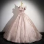 Elegant Blushing Pink Beading Rhinestone Pearl Printing Prom Dresses 2024 Ball Gown Square Neckline Sleeveless Bow Backless Floor-Length / Long Prom Formal Dresses