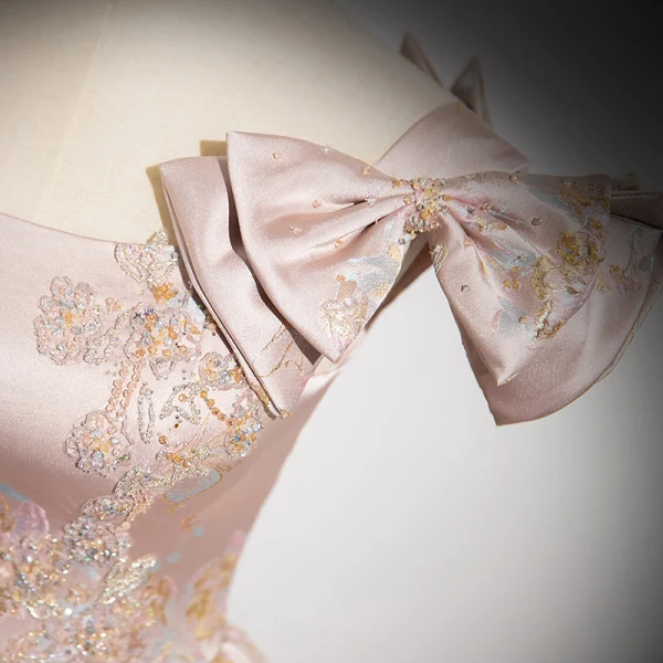 Elegant Blushing Pink Beading Rhinestone Pearl Printing Prom Dresses 2024 Ball Gown Square Neckline Sleeveless Bow Backless Floor-Length / Long Prom Formal Dresses