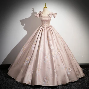 Elegant Blushing Pink Beading Rhinestone Pearl Printing Prom Dresses 2024 Ball Gown Square Neckline Sleeveless Bow Backless Floor Length Long Prom Formal Dresses