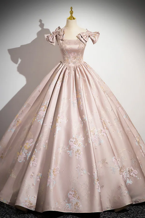 Elegant Blushing Pink Beading Rhinestone Pearl Printing Prom Dresses 2024 Ball Gown Square Neckline Sleeveless Bow Backless Floor-Length / Long Prom Formal Dresses