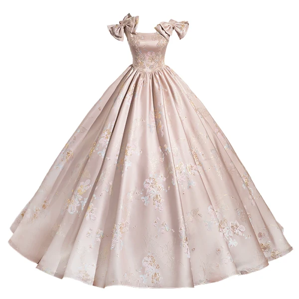 Elegant Blushing Pink Beading Rhinestone Pearl Printing Prom Dresses 2024 Ball Gown Square Neckline Sleeveless Bow Backless Floor-Length / Long Prom Formal Dresses