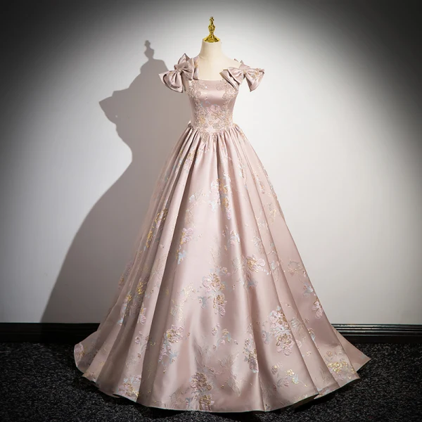 Elegant Blushing Pink Beading Rhinestone Pearl Printing Prom Dresses 2024 Ball Gown Square Neckline Sleeveless Bow Backless Floor-Length / Long Prom Formal Dresses