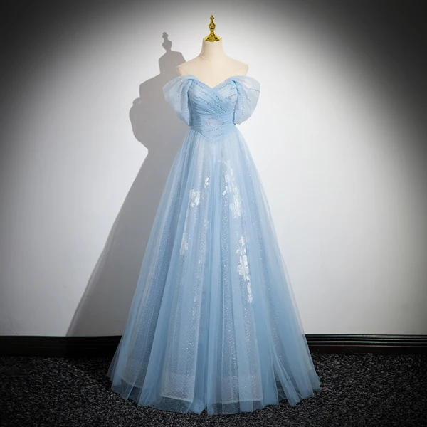 Elegant Sky Blue Beading Lace Flower Glitter Prom Dresses 2024 Ball Gown Strapless Sleeveless Backless Floor-Length / Long Prom Formal Dresses