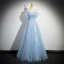Elegant Sky Blue Beading Lace Flower Glitter Prom Dresses 2024 Ball Gown Strapless Sleeveless Backless Floor-Length / Long Prom Formal Dresses