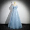 Elegant Sky Blue Beading Lace Flower Glitter Prom Dresses 2024 Ball Gown Strapless Sleeveless Backless Floor-Length / Long Prom Formal Dresses