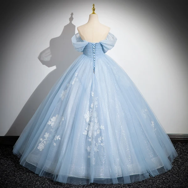 Elegant Sky Blue Beading Lace Flower Glitter Prom Dresses 2024 Ball Gown Strapless Sleeveless Backless Floor-Length / Long Prom Formal Dresses