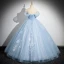 Elegant Sky Blue Beading Lace Flower Glitter Prom Dresses 2024 Ball Gown Strapless Sleeveless Backless Floor-Length / Long Prom Formal Dresses