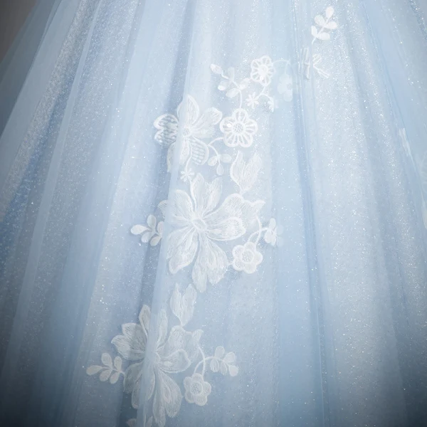 Elegant Sky Blue Beading Lace Flower Glitter Prom Dresses 2024 Ball Gown Strapless Sleeveless Backless Floor-Length / Long Prom Formal Dresses