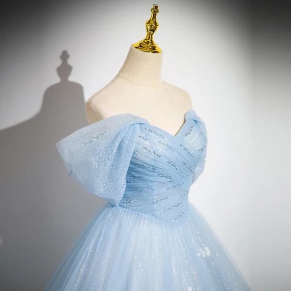 Elegant Sky Blue Beading Lace Flower Glitter Prom Dresses 2024 Ball Gown Strapless Sleeveless Backless Floor-Length / Long Prom Formal Dresses