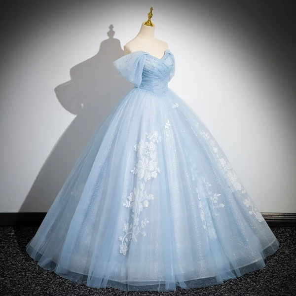 Elegant Sky Blue Beading Lace Flower Glitter Prom Dresses 2024 Ball Gown Strapless Sleeveless Backless Floor-Length / Long Prom Formal Dresses
