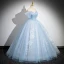 Elegant Sky Blue Beading Lace Flower Glitter Prom Dresses 2024 Ball Gown Strapless Sleeveless Backless Floor-Length / Long Prom Formal Dresses