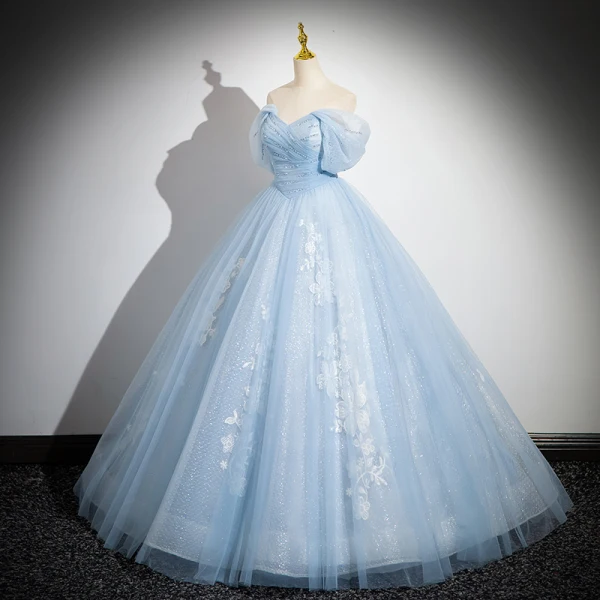 Elegant Sky Blue Beading Lace Flower Glitter Prom Dresses 2024 Ball Gown Strapless Sleeveless Backless Floor-Length / Long Prom Formal Dresses