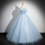 Elegant Sky Blue Beading Lace Flower Glitter Prom Dresses 2024 Ball Gown Strapless Sleeveless Backless Floor-Length / Long Prom Formal Dresses