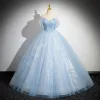 Elegant Sky Blue Beading Lace Flower Glitter Prom Dresses 2024 Ball Gown Strapless Sleeveless Backless Floor-Length / Long Prom Formal Dresses