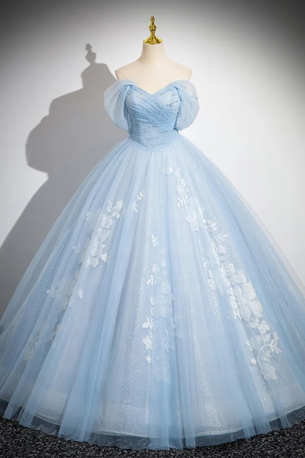Elegant Sky Blue Beading Lace Flower Glitter Prom Dresses 2024 Ball Gown Strapless Sleeveless Backless Floor-Length / Long Prom Formal Dresses