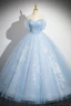 Elegant Sky Blue Beading Lace Flower Glitter Prom Dresses 2024 Ball Gown Strapless Sleeveless Backless Floor-Length / Long Prom Formal Dresses