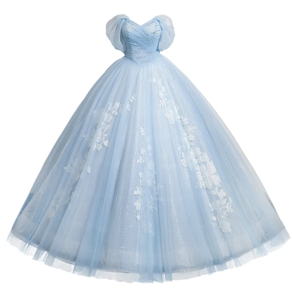 Elegant Sky Blue Beading Lace Flower Glitter Prom Dresses 2024 Ball Gown Strapless Sleeveless Backless Floor-Length / Long Prom Formal Dresses
