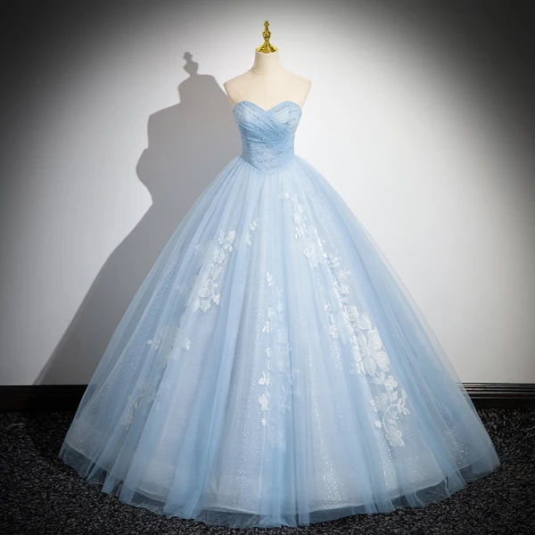Elegant Sky Blue Beading Lace Flower Glitter Prom Dresses 2024 Ball Gown Strapless Sleeveless Backless Floor- Elegant Sky Blue Beading Lace Flower Glitter Prom Dresses 2024 Ball Gown Strapless Sleeveless Backless Floor-