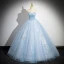 Elegant Sky Blue Beading Lace Flower Glitter Prom Dresses 2024 Ball Gown Strapless Sleeveless Backless Floor-Length / Long Prom Formal Dresses
