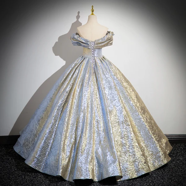 Bling Bling Gold Silver Glitter Prom Dresses 2024 Ball Gown Off-The-Shoulder Short Sleeve Backless Floor-Length / Long Prom Formal Dresses