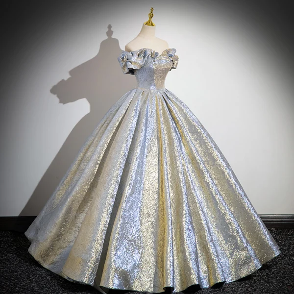 Bling Bling Gold Silver Glitter Prom Dresses 2024 Ball Gown Off-The-Shoulder Short Sleeve Backless Floor-Length / Long Prom Formal Dresses