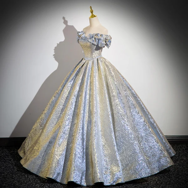 Bling Bling Gold Silver Glitter Prom Dresses 2024 Ball Gown Off-The-Shoulder Short Sleeve Backless Floor-Length / Long Prom Formal Dresses