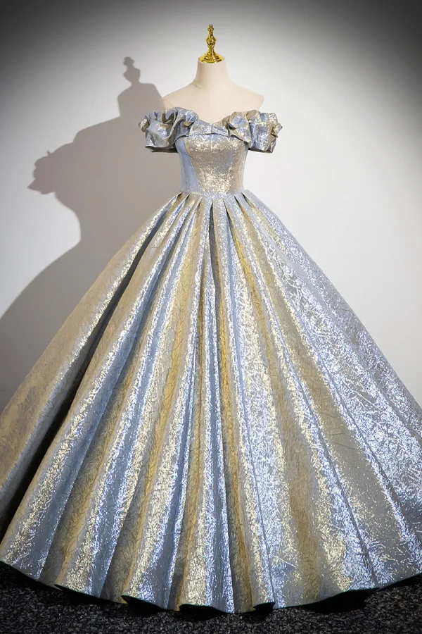 Bling Bling Gold Silver Glitter Prom Dresses 2024 Ball Gown Off-The-Shoulder Short Sleeve Backless Floor-Length / Long Prom Formal Dresses