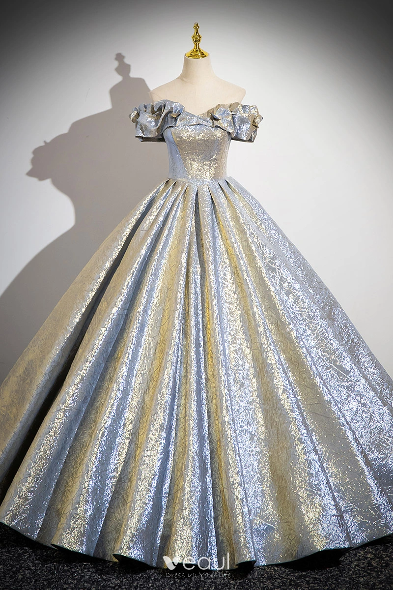 Bling Bling Gold Silver Glitter Prom Dresses 2024 Ball Gown Off The  Shoulder Short Sleeve Backless Floor Length Long Prom Formal Dresses
