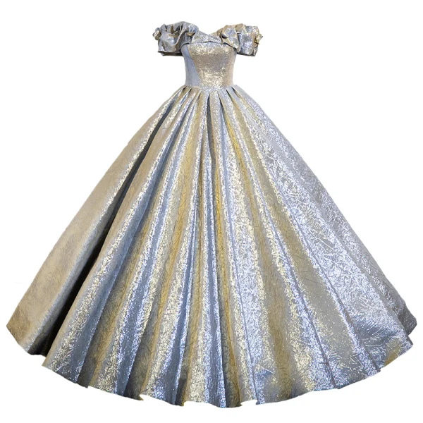 Bling Bling Gold Silver Glitter Prom Dresses 2024 Ball Gown Off-The-Shoulder Short Sleeve Backless Floor-Length / Long Prom Formal Dresses