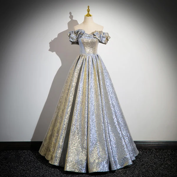 Bling Bling Gold Silver Glitter Prom Dresses 2024 Ball Gown Off-The-Shoulder Short Sleeve Backless Floor-Length / Long Prom Formal Dresses
