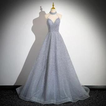 Scintillantes Bleu Ciel Perlage Faux Diamant Paillettes Robe De Soirée 2024 Princesse Titulaire Sans Manches Dos Nu Train De Balayage Soirée Robe De Ceremonie