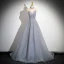 Glitzernden Himmelblau Perlenstickerei Strass Pailletten Abendkleider 2024 A Linie Neckholder Ärmellos Rückenfreies Sweep / Pinsel Zug Abend Festliche Kleider
