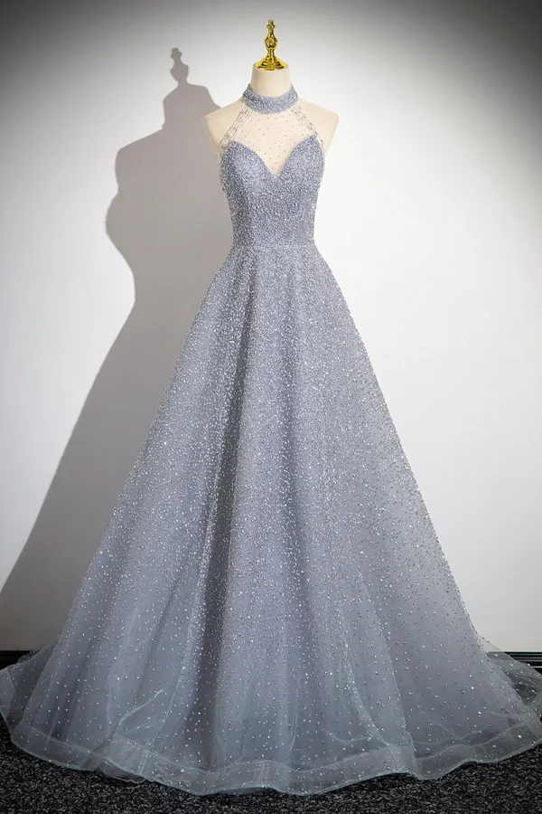 Glitzernden Himmelblau Perlenstickerei Strass Pailletten Abendkleider 2024 A Linie Neckholder Ärmellos Rückenfreies Sweep / Pinsel Zug Abend Festliche Kleider