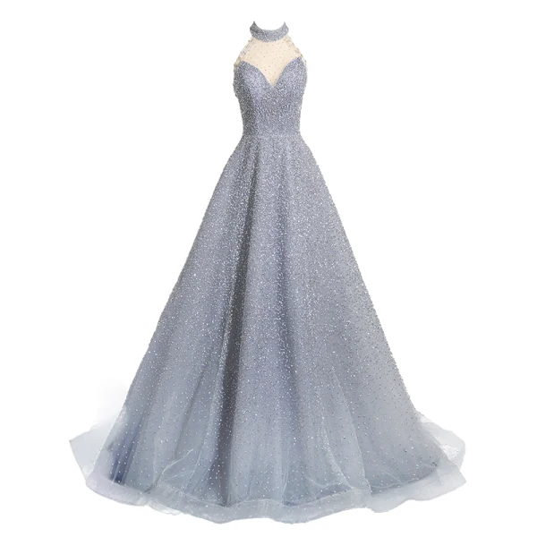 Glitzernden Himmelblau Perlenstickerei Strass Pailletten Abendkleider 2024 A Linie Neckholder Ärmellos Rückenfreies Sweep / Pinsel Zug Abend Festliche Kleider