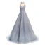 Glitzernden Himmelblau Perlenstickerei Strass Pailletten Abendkleider 2024 A Linie Neckholder Ärmellos Rückenfreies Sweep / Pinsel Zug Abend Festliche Kleider