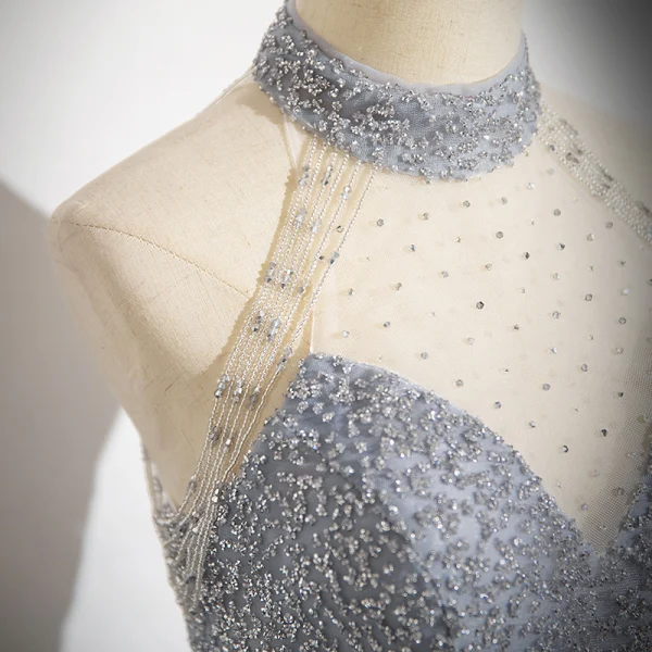 Glitzernden Himmelblau Perlenstickerei Strass Pailletten Abendkleider 2024 A Linie Neckholder Ärmellos Rückenfreies Sweep / Pinsel Zug Abend Festliche Kleider