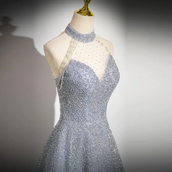 Glitzernden Himmelblau Perlenstickerei Strass Pailletten Abendkleider 2024 A Linie Neckholder Ärmellos Rückenfreies Sweep / Pinsel Zug Abend Festliche Kleider