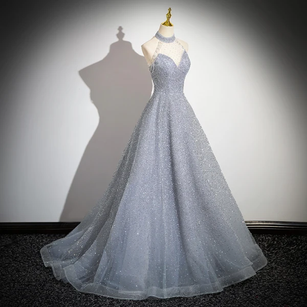 Glitzernden Himmelblau Perlenstickerei Strass Pailletten Abendkleider 2024 A Linie Neckholder Ärmellos Rückenfreies Sweep / Pinsel Zug Abend Festliche Kleider