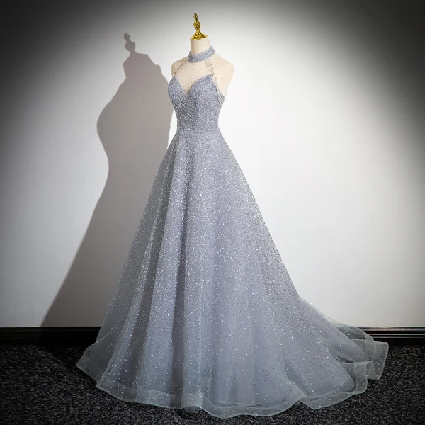Glitzernden Himmelblau Perlenstickerei Strass Pailletten Abendkleider 2024 A Linie Neckholder Ärmellos Rückenfreies Sweep / Pinsel Zug Abend Festliche Kleider