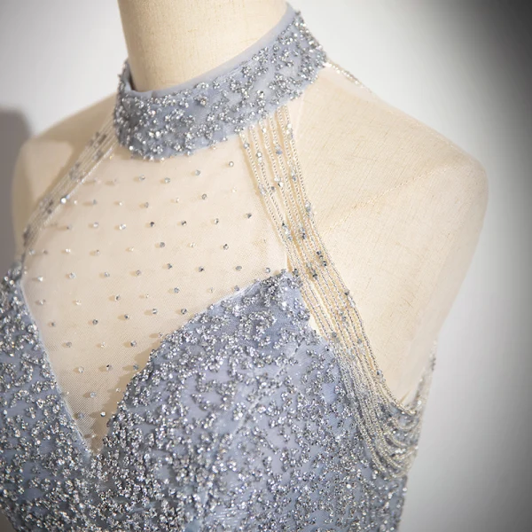 Glitzernden Himmelblau Perlenstickerei Strass Pailletten Abendkleider 2024 A Linie Neckholder Ärmellos Rückenfreies Sweep / Pinsel Zug Abend Festliche Kleider