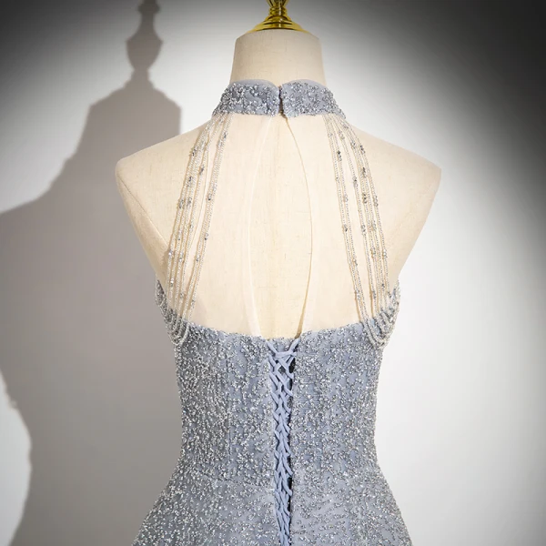 Glitzernden Himmelblau Perlenstickerei Strass Pailletten Abendkleider 2024 A Linie Neckholder Ärmellos Rückenfreies Sweep / Pinsel Zug Abend Festliche Kleider