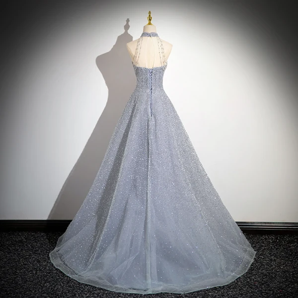 Glitzernden Himmelblau Perlenstickerei Strass Pailletten Abendkleider 2024 A Linie Neckholder Ärmellos Rückenfreies Sweep / Pinsel Zug Abend Festliche Kleider